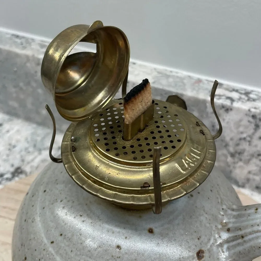 Vintage Studio Art Pottery Brass Oil Lamp Round Base Handle & Wick Artist Signed